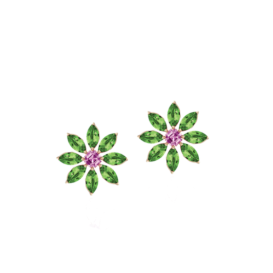 Flower Stud Earrings with Tsavorites and Pink Sapphire