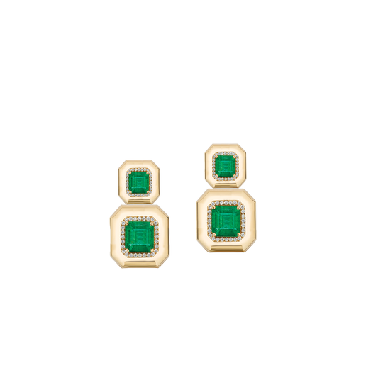 Tiered Emerald Cut Earrings with Diamonds in 18k Yellow Gold