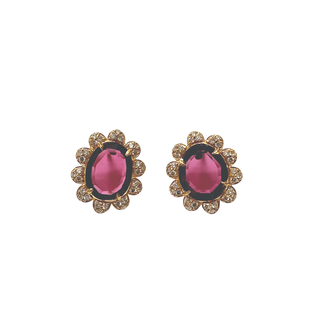Organic Oval Garnet Studs with Diamond Frame