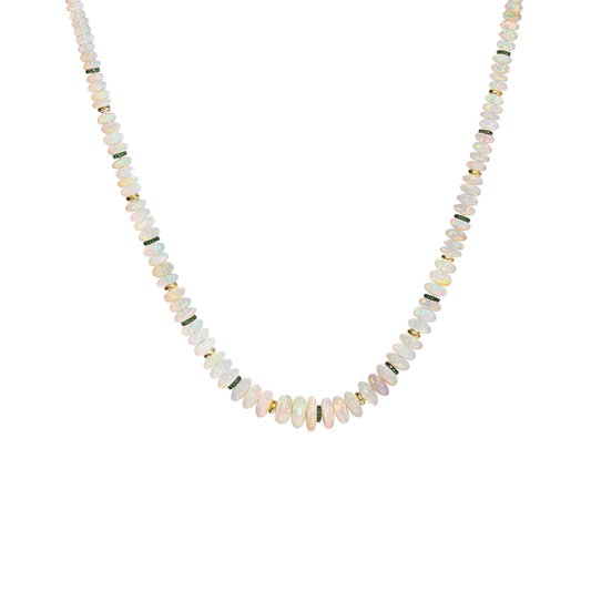 One of a Kind White Opal Beaded Necklace with Tsavorite and Gold Rondelles in 18K Yellow Gold
