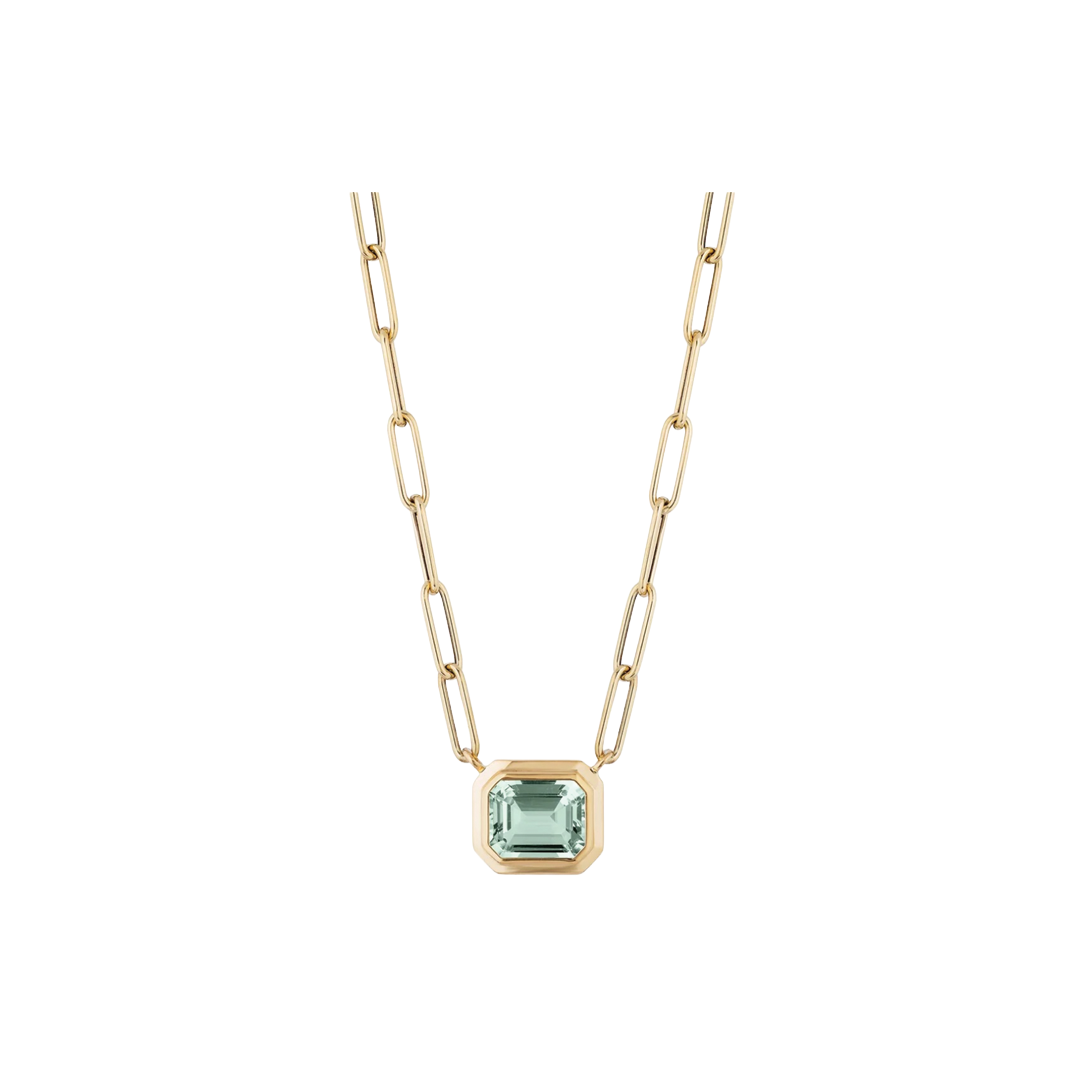 Emerald Cut Prasiolite Pendant Necklace on Paperclip Chain