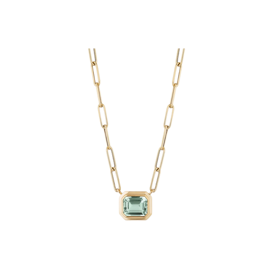 Emerald Cut Prasiolite Pendant Necklace on Paperclip Chain
