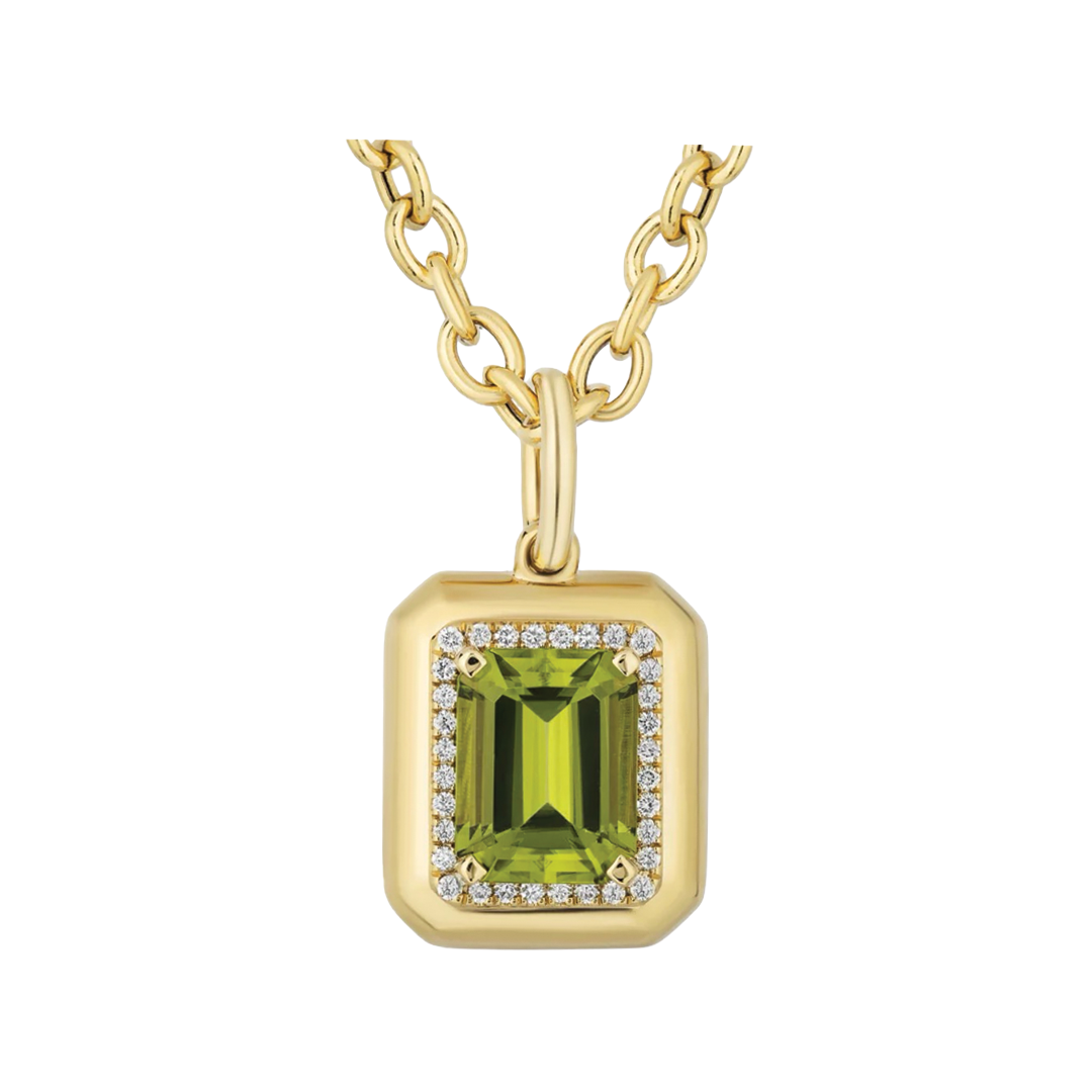 Rectangle Peridot Necklace with Gold and Diamond Frame