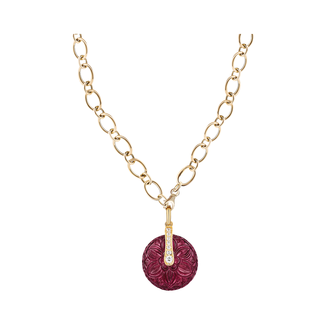 G-One Rubellite Carved Bead Pendant Necklace with Diamonds