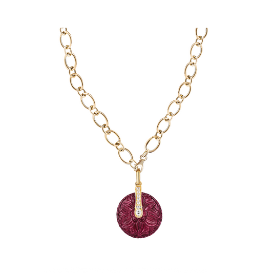 G-One Rubellite Carved Bead Pendant Necklace with Diamonds