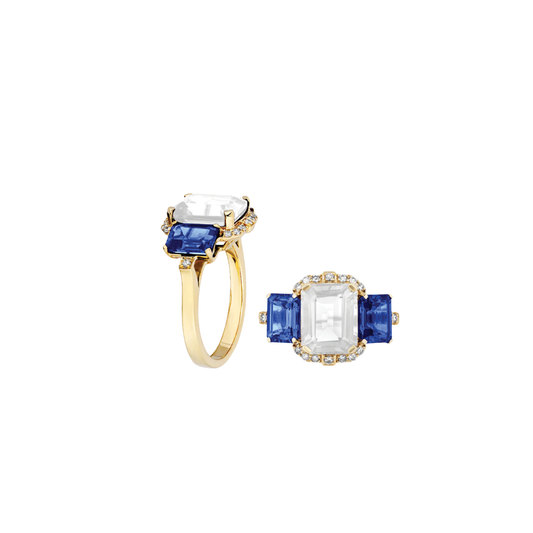 3-Stone Ring with Moon Quartz, Iolite, and Diamonds