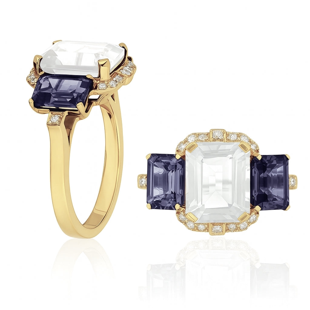 3-Stone Ring with Moon Quartz, Iolite, and Diamonds