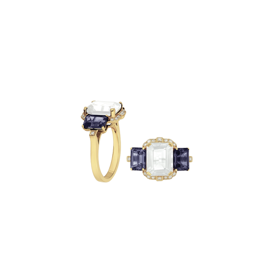 3-Stone Ring with Moon Quartz, Iolite, and Diamonds