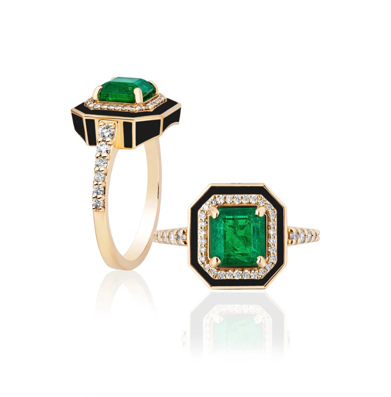 G-One Octagonal Ring with Emeralds and Diamonds