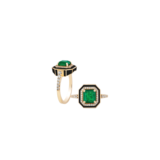 G-One Octagonal Ring with Emeralds and Diamonds
