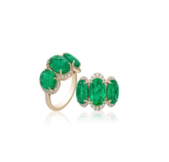 G-One 3-Stone Oval Emerald Ring with Diamond Halo