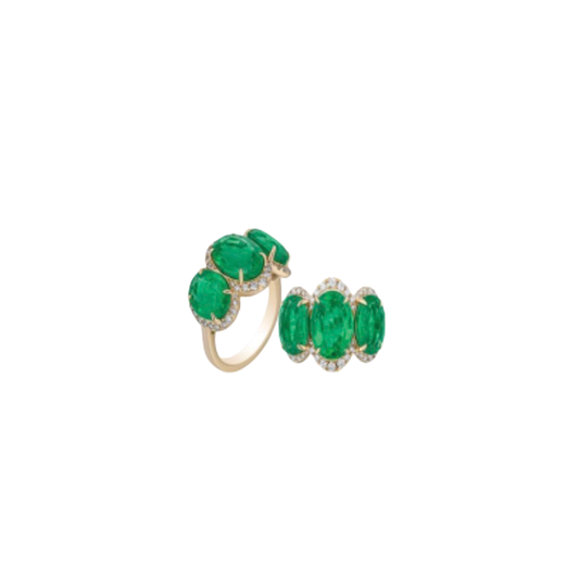 G-One 3-Stone Oval Emerald Ring with Diamond Halo
