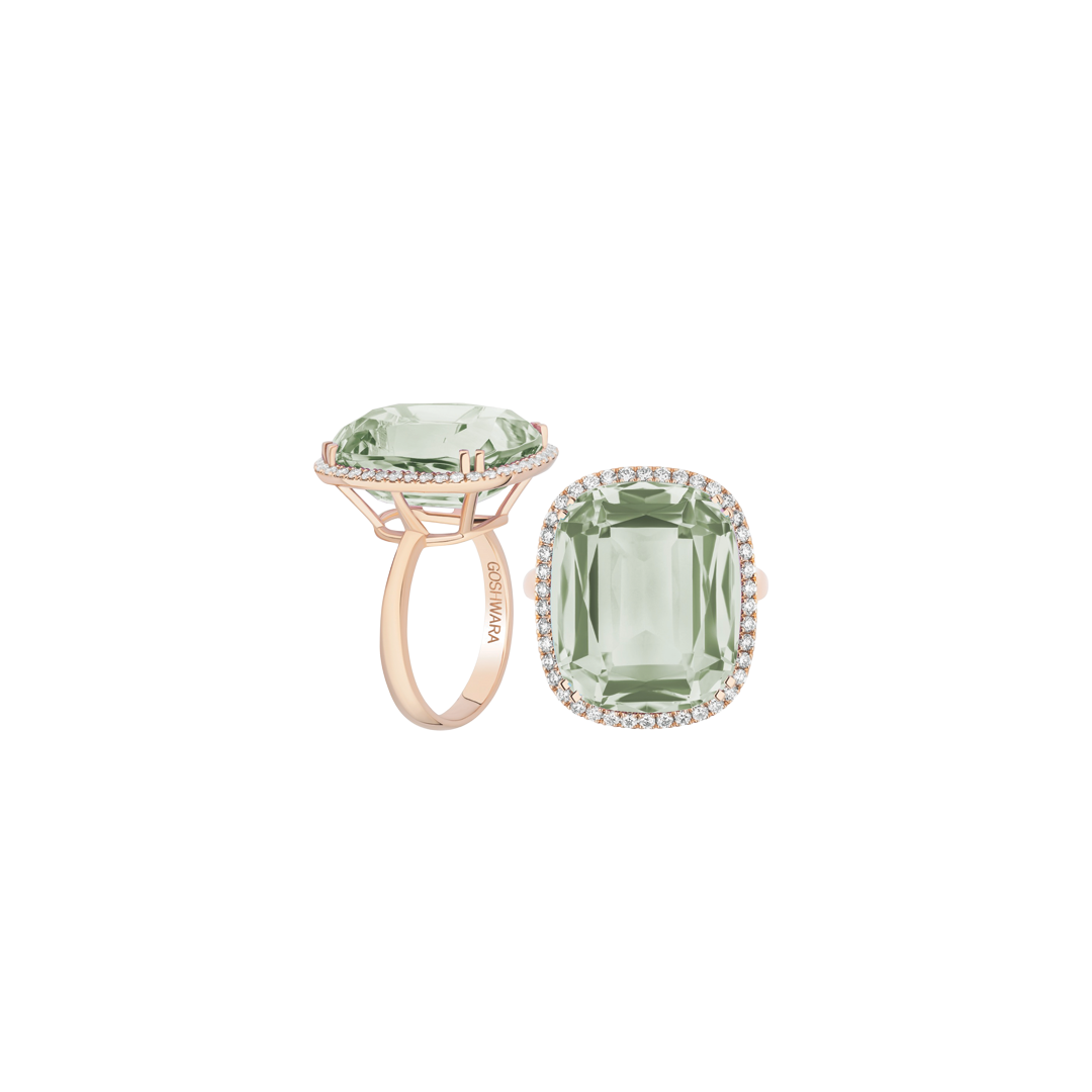 Gossip Cushion Cut Prasiolite and Diamond Ring