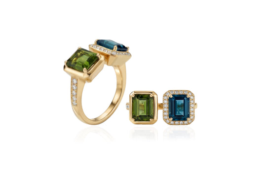 Iolite and Green Tourmaline Twin Open Ring With Diamonds