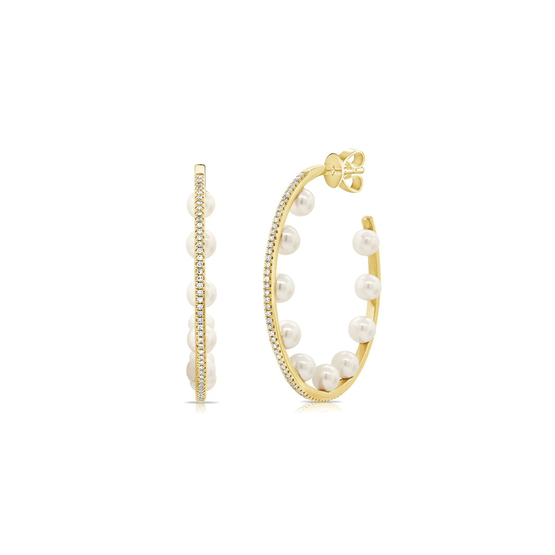 Pave Diamond and Pearl Hoop Earrings