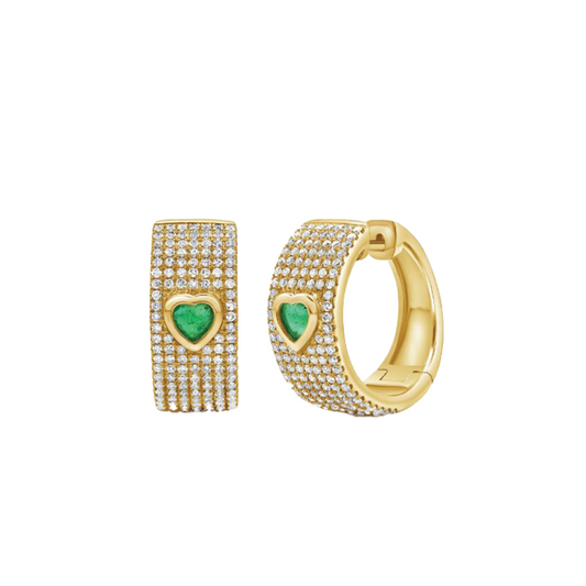 Heart Shaped Emerald Huggie Hoop Earrings with Pave Diamonds in 14K Yellow Gold