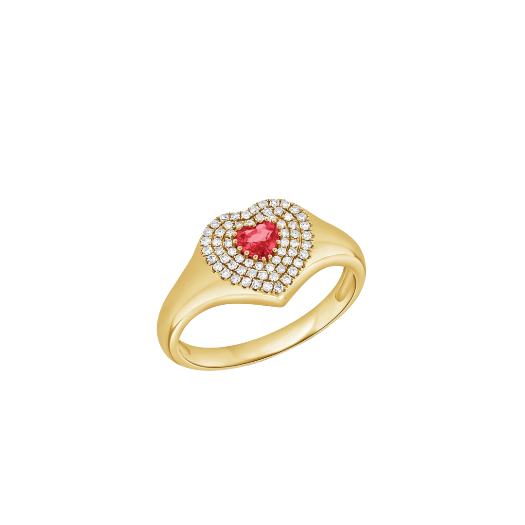 Ruby Heart Signet Style Pinky Ring with Diamonds