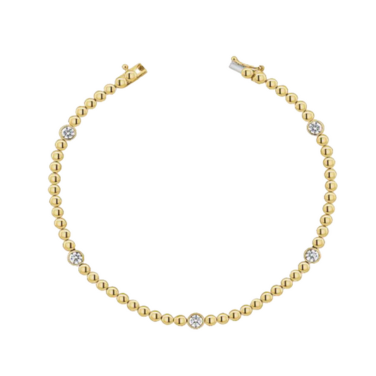 Beaded Bracelet with Bezel Set Diamond Stations in 14K Yellow Gold