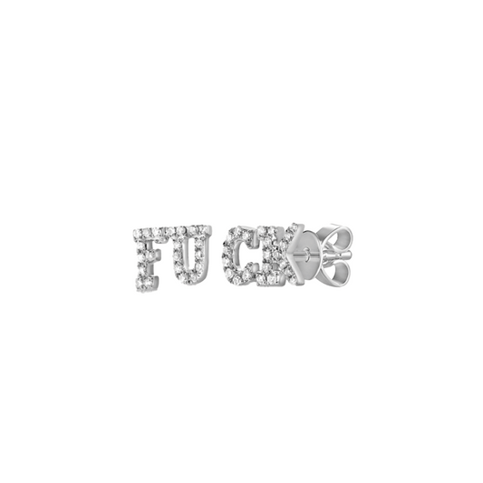 "FU" "CK" Pave Diamond Stud Earrings in 14K White Gold