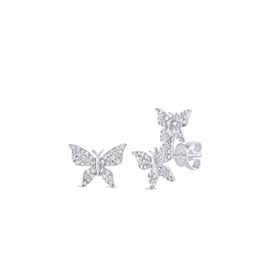 Asymetrical Pave Diamond Butterfly Stud Earrings in 14K White Gold