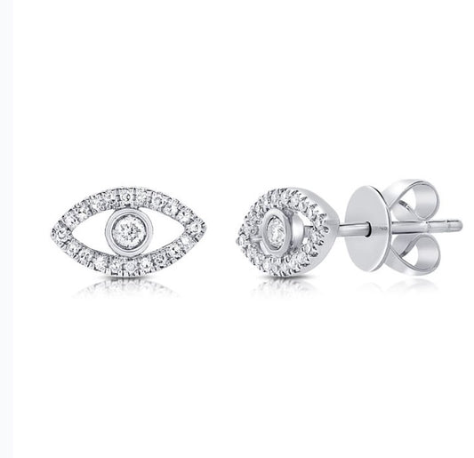 Evil Eye Diamond Pave Stud Earrings in 14K White Goldld