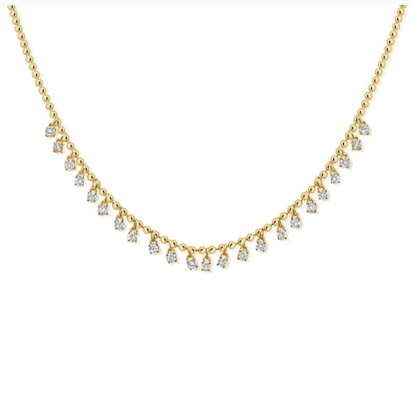 Gold Bead and Prong Set Diamond Fringe Link Necklace