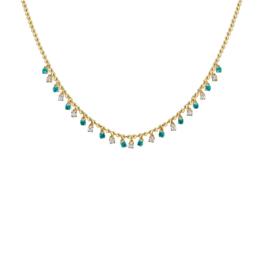 Dangling Cabochon Turquoise and Diamond Station Neckling in 14K Yellow Gold