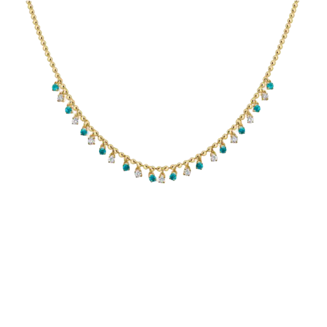 Dangling Cabochon Turquoise and Diamond Station Neckling in 14K Yellow Gold