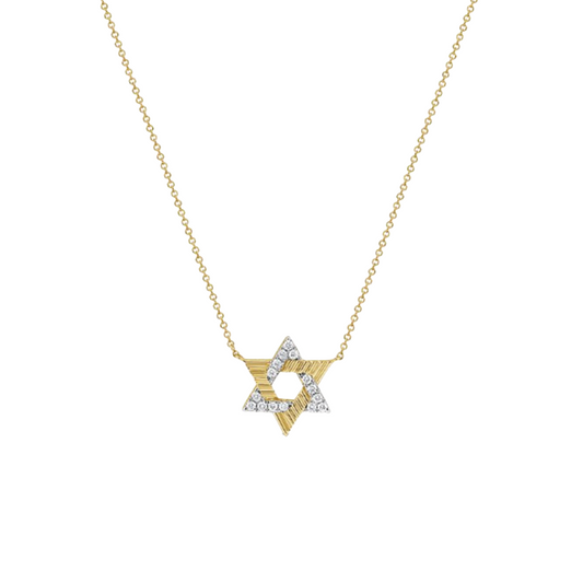 Fluted Open Star of David Pendant with Diamonds in 14K Yellow Gold