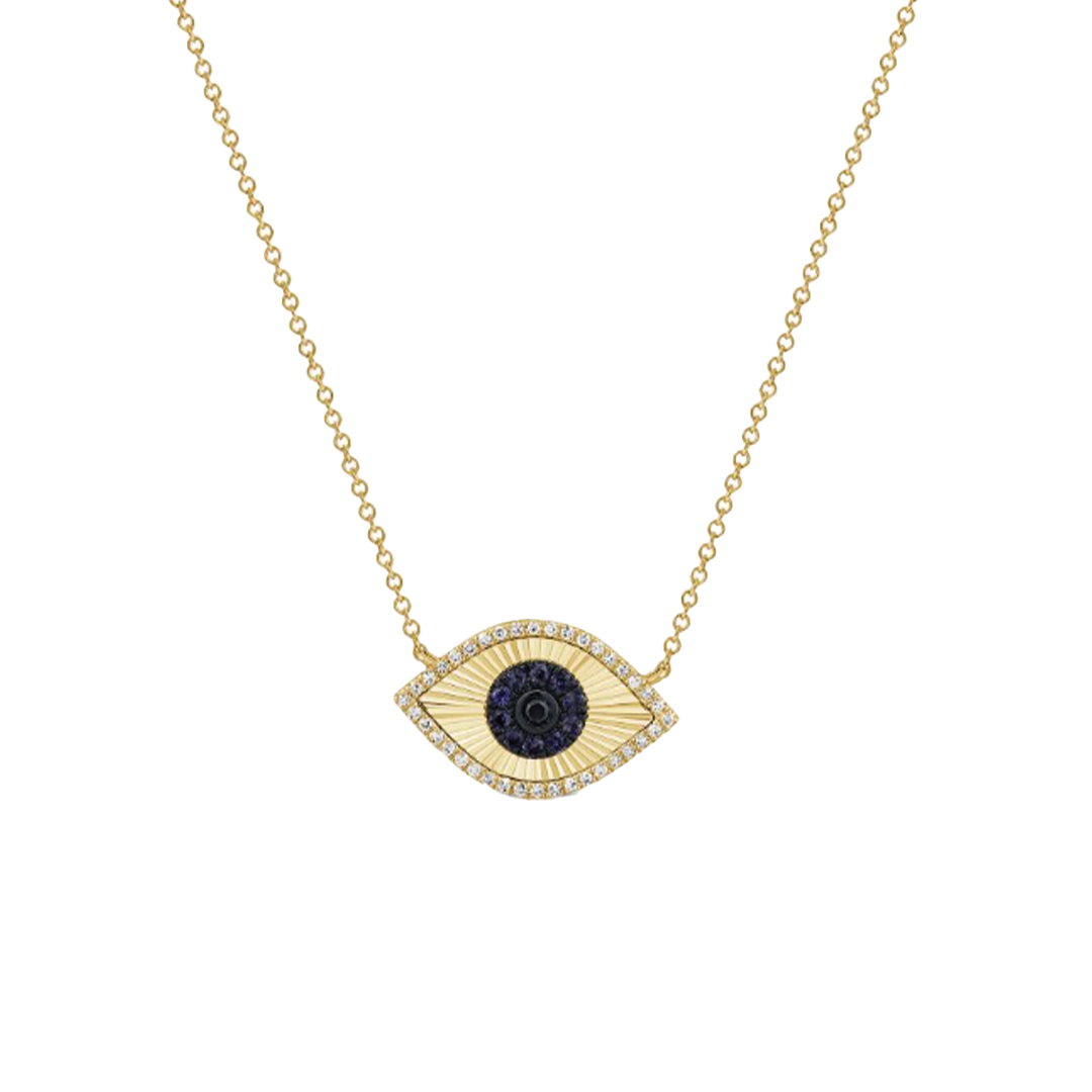 FLuted Evil Eye Pendant Necklace with Blue Sapphires and Diamonds in 14K Yellow Gold