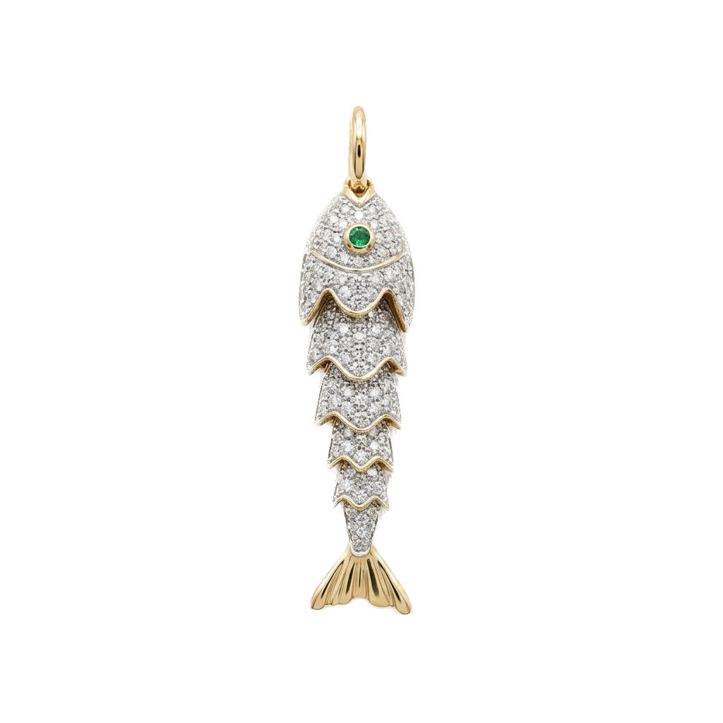 Gold and Diamond Fish Charm with Emerald Eye