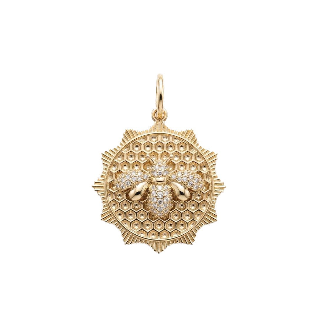 Scalloped Disc Honeybee Charm with Bee Honeycomb