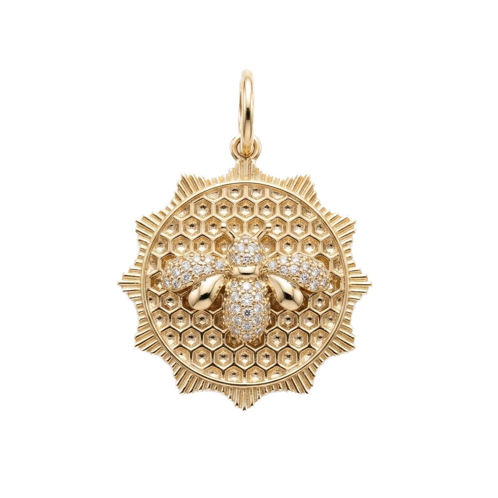 Scalloped Disc Honeybee Charm with Bee Honeycomb