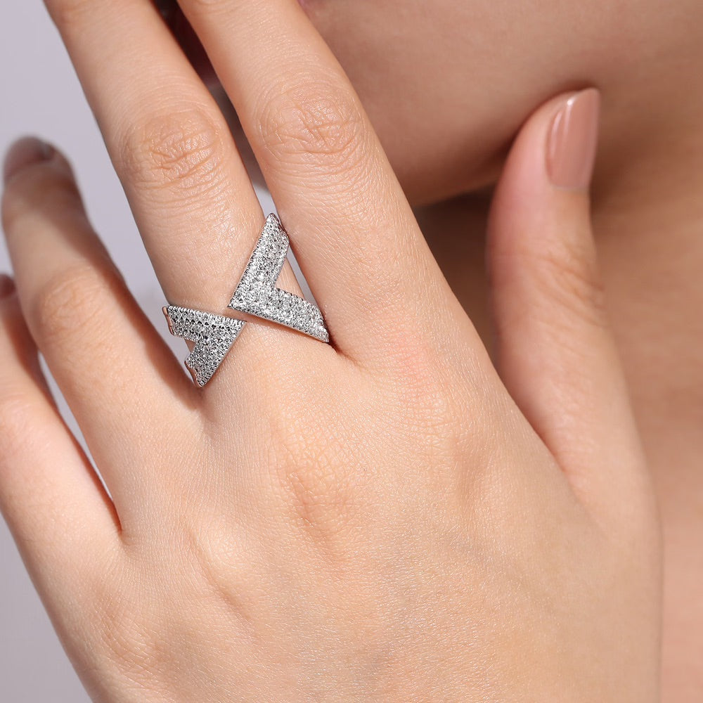 Abstract Diamond Pave Bypass Open Ring In White Gold