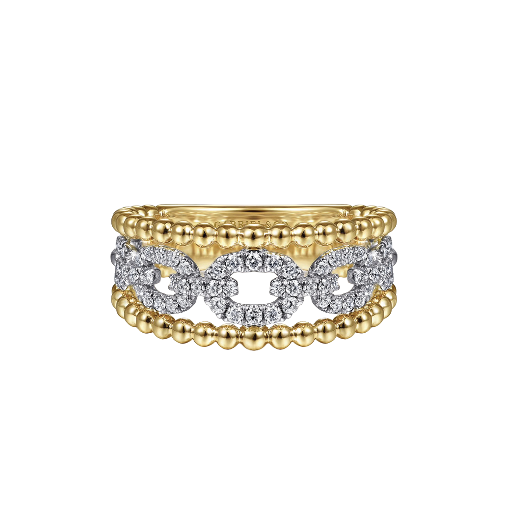 Wide Gold Bead and Diamond Link Stacking Ring