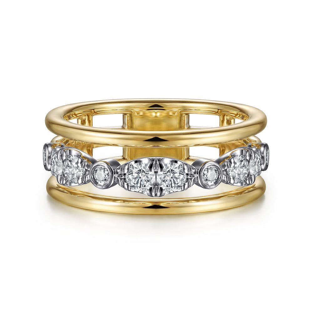 White and Yellow Gold Three Row Diamond Open Ring