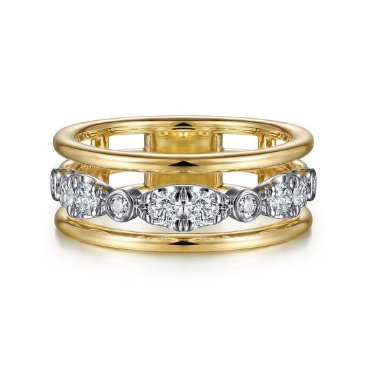 White and Yellow Gold Three Row Diamond Open Ring