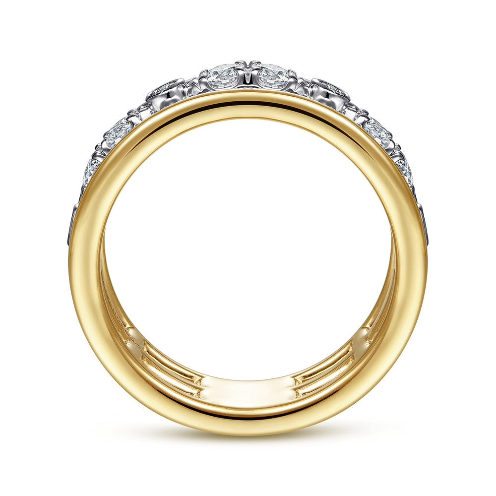White and Yellow Gold Three Row Diamond Open Ring