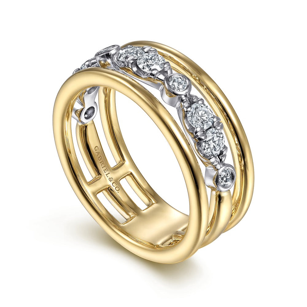 White and Yellow Gold Three Row Diamond Open Ring