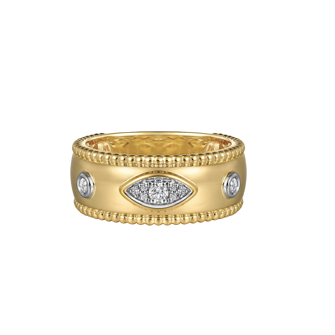 Wide Gold Beaded and Diamond Band