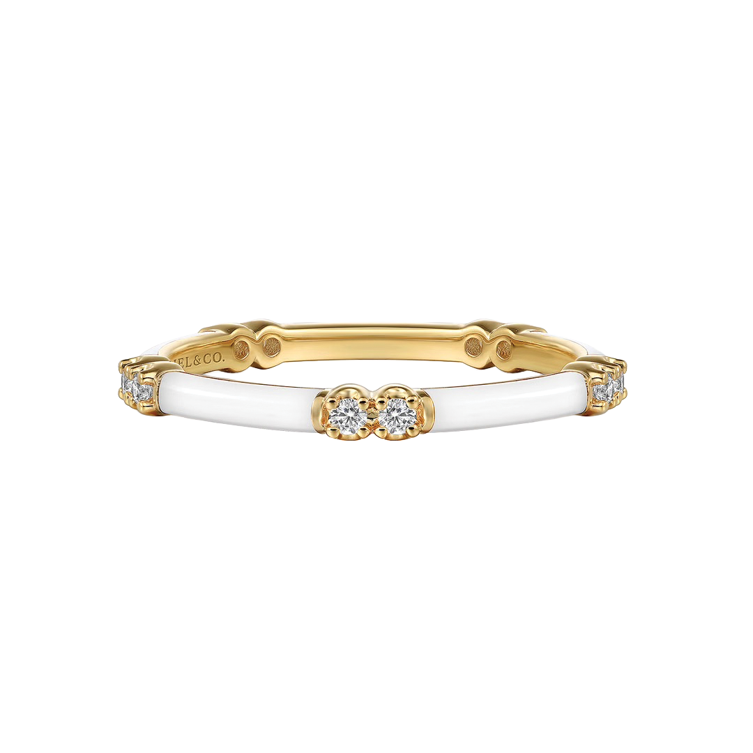 White Enamel and Yellow Gold Stacking Ring with Diamonds