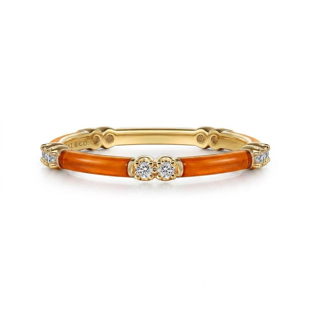 Orange Enamel and Yellow Gold Stacking Ring with Diamonds