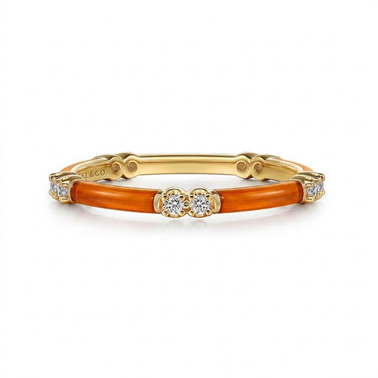 Orange Enamel and Yellow Gold Stacking Ring with Diamonds