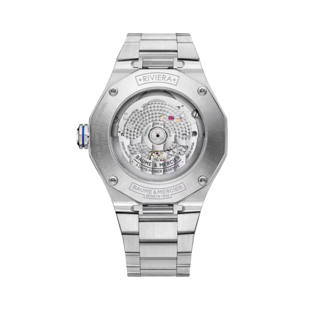42mm Riviera Baumatic Watch with Transparent Blue Dial
