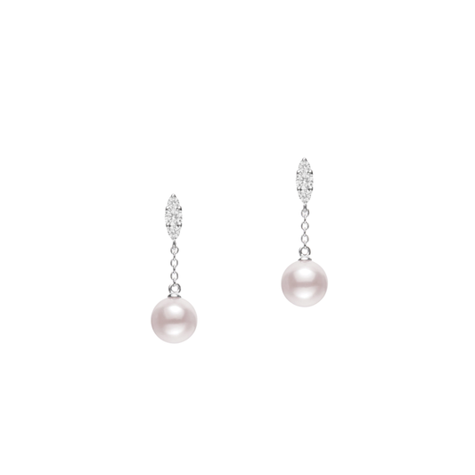7mm Akoya Pearl and Diamond Chain Drop Earrings in White Gold