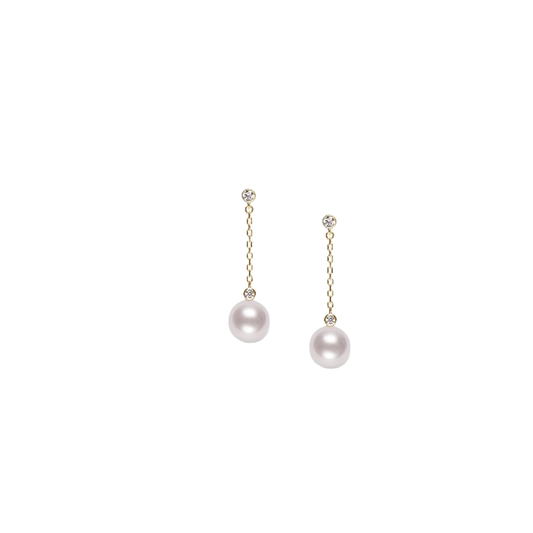 8.5mm Akoya Pearl and Diamond Chain Drop Earrings in Yellow Gold