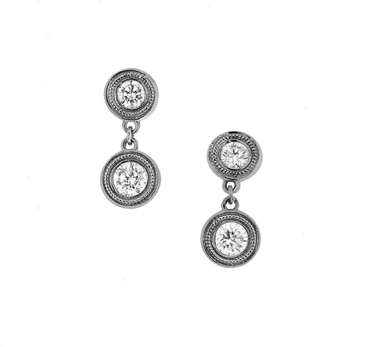 Bezel Drop Earrings in White Gold