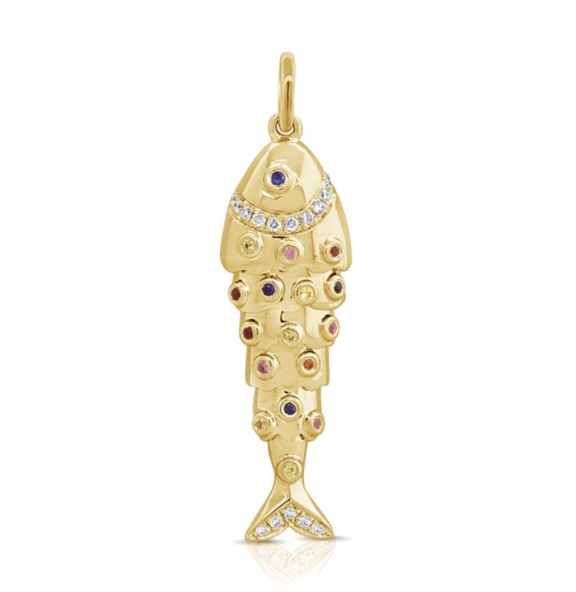 Articulated Gold Fish Charm with Diamonds and Sapphires