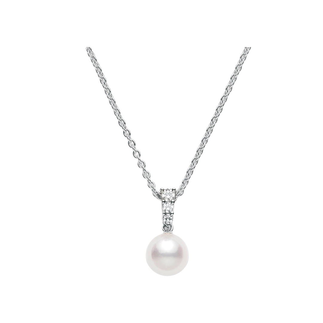 8mm Akoya Pearl and Diamond Pendant Necklace in White Gold