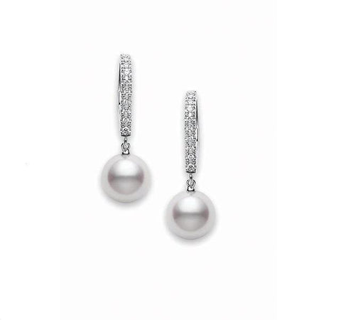 White Gold Pearl Drop Earrings with Diamond